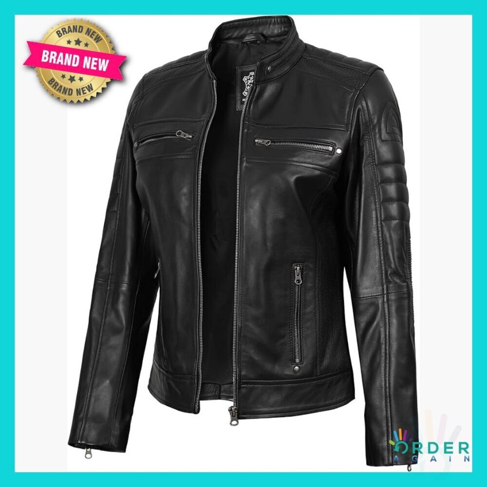 Real Lambskin Leather Jacket Cafe Racer Style Quilted Shoulders Regular Fit
